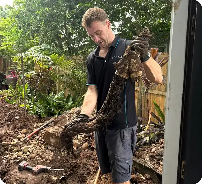 Plumber holding a large root mass, addressing a blockage in stormwater drainage.
